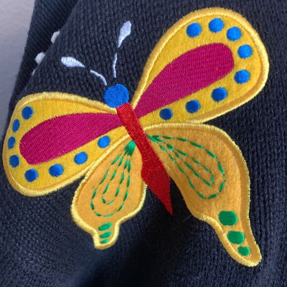 The Quacker Factory Women's 1X Button Up Cardigan Black w/ Butterflies - Picture 6 of 13